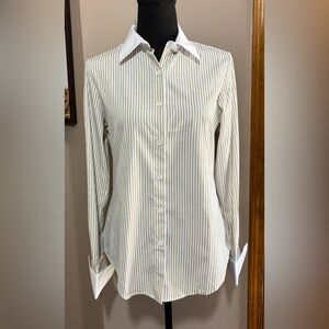 Women’s French cuff blouse. Size S. NWT. Tan and white striped.